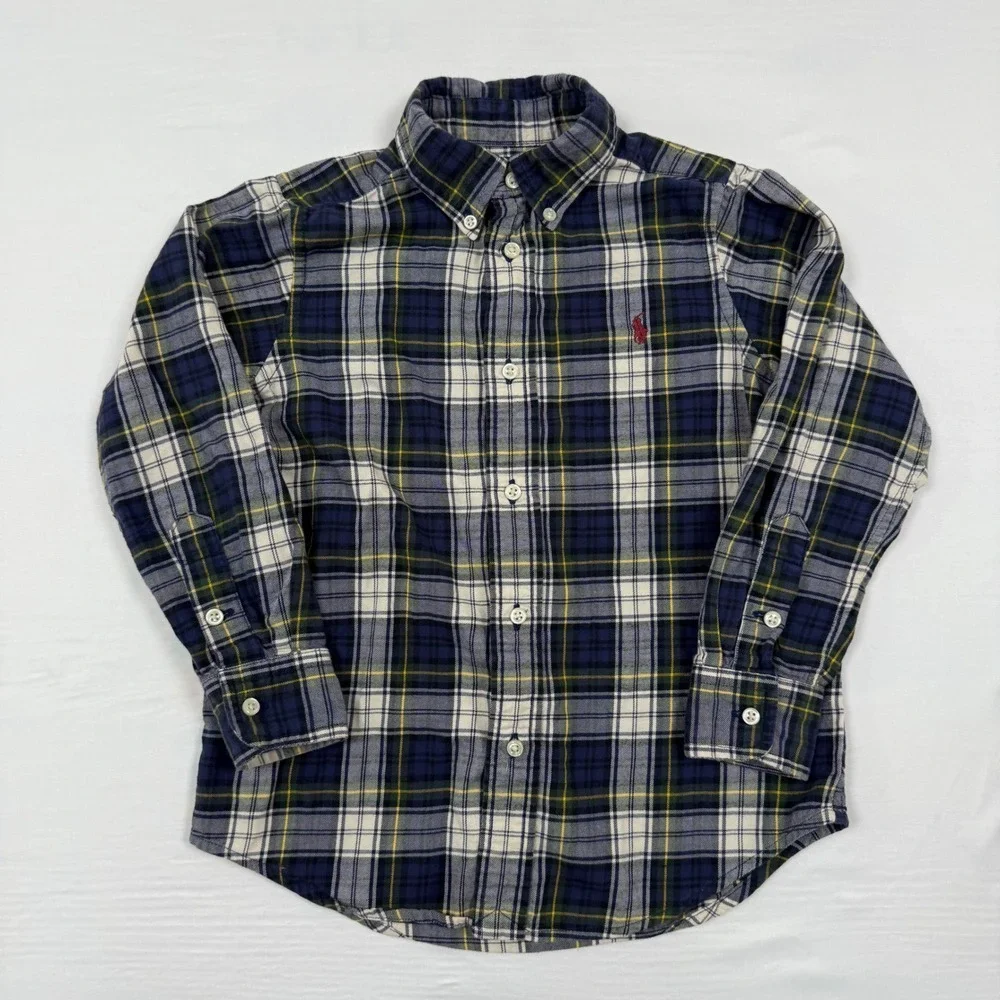 Ralph Lauren Boys Size 5‎ Plaid Button Down Shirt Long Sleeve Cotton Red Pony